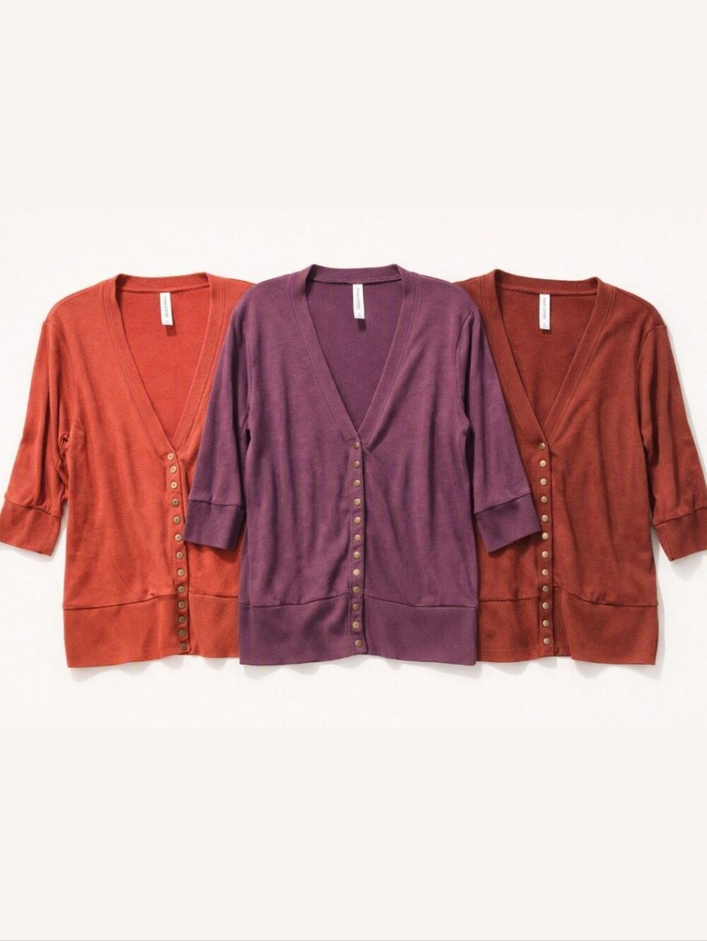(3) Fall Color Zenana Snap 3/4 Sleeve Sweater Cardigans  - Rust / Plum / Pumpkin